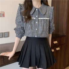 批发有货<b class='q'>格子</b><b class='q'>衬衫</b>长袖春秋新款洋气花边蕾丝内搭<b class='q'>衬衣</b>宽松娃娃领上衣