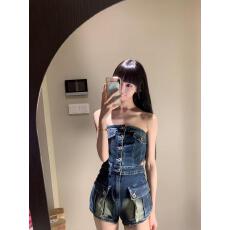 批发实拍实价 纯欲风性感复古牛仔<b class='q'>抹胸</b>连衣短裤设计感连身连体短裤子