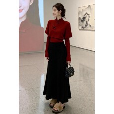 批发新年战袍红色毛衣<b class='q'>连衣裙</b>子女秋冬季2026新款新<b class='q'>中</b>式穿搭一整套装裙