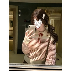 批发氛围感穿搭条纹翻领针织衫上衣女秋冬宽松慵懒厚款高级套头毛衣潮