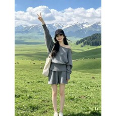 实拍 针织衫套装裙女秋冬韩版一字肩毛衣短裤套装氛围感穿搭潮