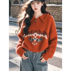 高级感费尔岛红色翻领卡通毛衣女2026新款春秋季针织上衣宽松外穿