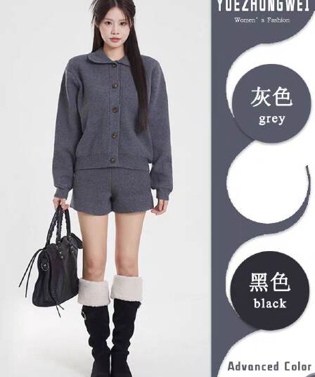 늦가을 코디 초 겨울 착용 가져 가라. 전체 집합 POLO 칼라 스웨터 오픈 가디건 짧은 바지 투피스 슈트 가을 겨울철 여성 의류