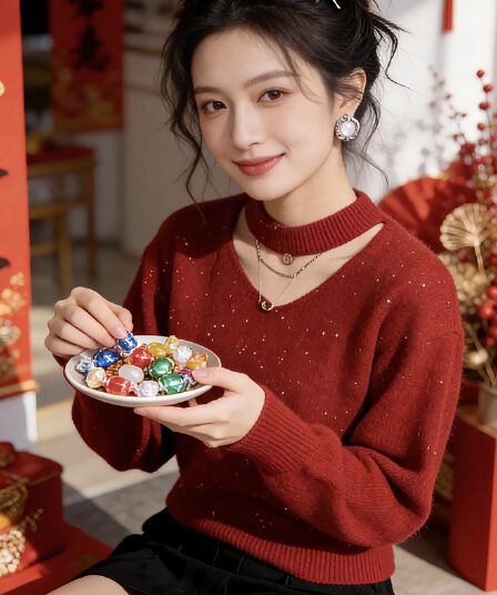새해 착용 가져 가라. 행침 목 홀로우 아웃 빨간색 스웨터 2026 새로운 여성 의류 무거운 작업 스팽글 고급 있음 디자인 센스 맨위