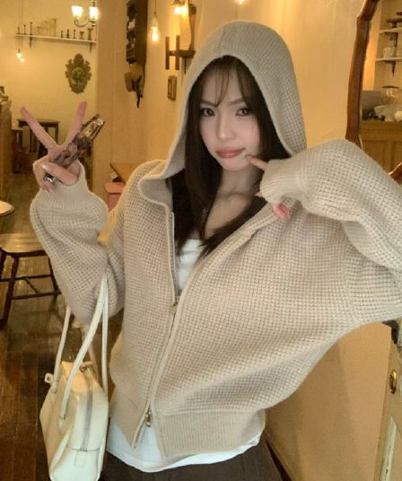 ojo vele 저녁 바람 프롤로그 후아 남편 그리드 후드 니트 오픈 가디건 여성 가을 오래된 돈 바람 스웨터 코트