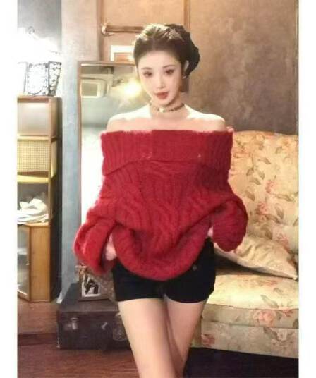 보트넥 회색 풀오버 오프숄더 스웨터 여자 가을 겨울 고급 센스 꽈배기 루즈핏 느긋한 바람 부드러운 찹쌀 니트 스웨터