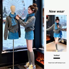 批发自留款推荐~灰色波点配围巾长袖针织开衫女秋<b class='q'>冬</b>新款慵懒毛衣