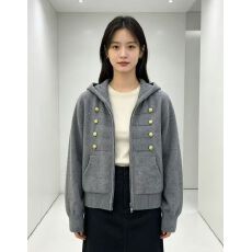 好质量 美式复古重磅拿破仑双开拉链针织连帽毛衣女金属纽扣外套