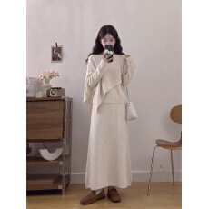 批发2026年秋冬新款女士圆领披肩针织两件套上衣半身裙套装