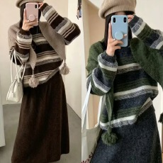 批发<b class='q'>条纹</b>针织衫毛衣<b class='q'>半身裙</b>披肩三件套2026女秋装显瘦遮肉套装
