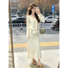 批发温柔软糯针织套装女2026新款秋冬气质系带针织上衣<b class='q'>半身</b><b class='q'>长裙</b>两件套