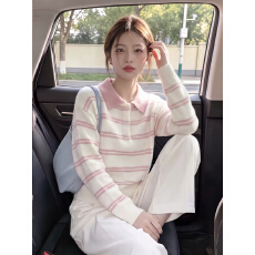 批发韩系粉色条纹polo领<b class='q'>长袖</b>针织衫秋冬甜美宽松显瘦独特漂亮毛衣套<b class='q'>装</b>