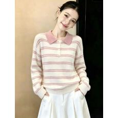 批发韩系粉色条纹polo领针织衫女秋冬季新款宽松内搭毛衣上衣
