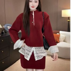 批发明媚动人蕾丝拼接套装女2026秋季洋气显白立领上衣短裙两件套