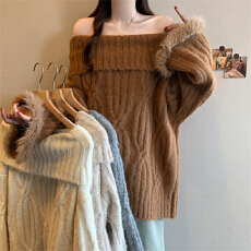 批发<b class='q'>实拍</b> <b class='q'>大码</b>胖mm秋冬新款慵懒感纯欲露肩一字领麻花大毛衣上衣女