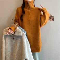 实拍 大码秋冬新款宽松慵懒风加厚半拉链高领中长款毛衣针织衫