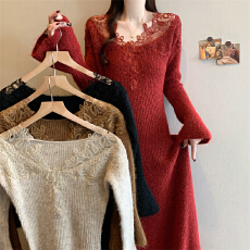 批发实拍 <b class='q'>大码</b>新款秋冬连衣裙温柔氛围感蕾丝V领打底内搭针织显瘦长裙