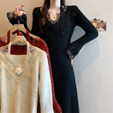 批发实拍 <b class='q'>大码</b>新款冬季法式修身长款收腰v领蕾丝长袖连衣裙内搭<b class='q'>打底裙</b>