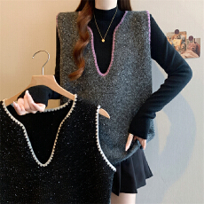 批发实拍 大码<b class='q'>春</b>秋新款胖mm小香风贝壳绣V领针织马甲背心上衣