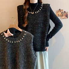 批发实拍 大码<b class='q'>春</b>秋新款胖mm小香风钉珠圆领针织马甲背心上衣