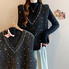 批发实拍 大码<b class='q'>春</b>秋新款胖mm小香风钉珠V领针织马甲背心上衣