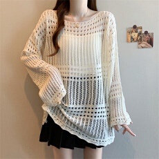 批发实拍 大码胖MM春夏新款小众设计感<b class='q'>韩版</b>显瘦镂空针织罩衫<b class='q'>毛衣</b>上衣