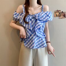 批发实拍 大码胖mm夏季新款女装设计感不规则格纹小衫显瘦<b class='q'>格子</b>衬衫