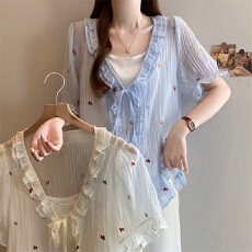 批发实拍 大码胖mm春夏新款木耳边刺绣正肩短袖衬衫<b class='q'>娃娃衫</b>两件套上衣