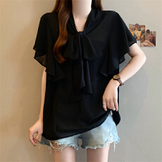 批发实拍 <b class='q'>大码</b>女装夏季显瘦轻薄透气短袖上衣气质v领飘带雪纺衬衫