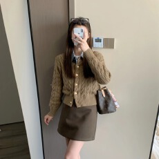 批发学院风百搭针织开衫女2025<b class='q'>春</b>秋冬新款小个子绞花上衣灰色毛衣外套