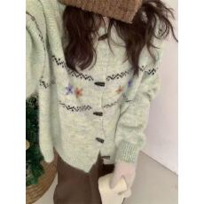 夏珍费尔岛毛衣开衫女秋冬季牛角扣宽松慵懒风森系提花针织衫外套