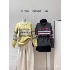 批发韩系~<b class='q'>圆领</b>菱形提花 羊驼毛衣女宽松慵懒风秋冬新款遮臀上衣中长款