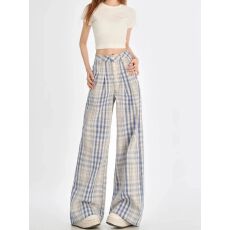 批发浅蓝格子阔<b class='q'>腿</b>休闲<b class='q'>裤</b>女秋冬新款排扣设计感高腰宽松显瘦直筒拖地<b class='q'>裤</b>