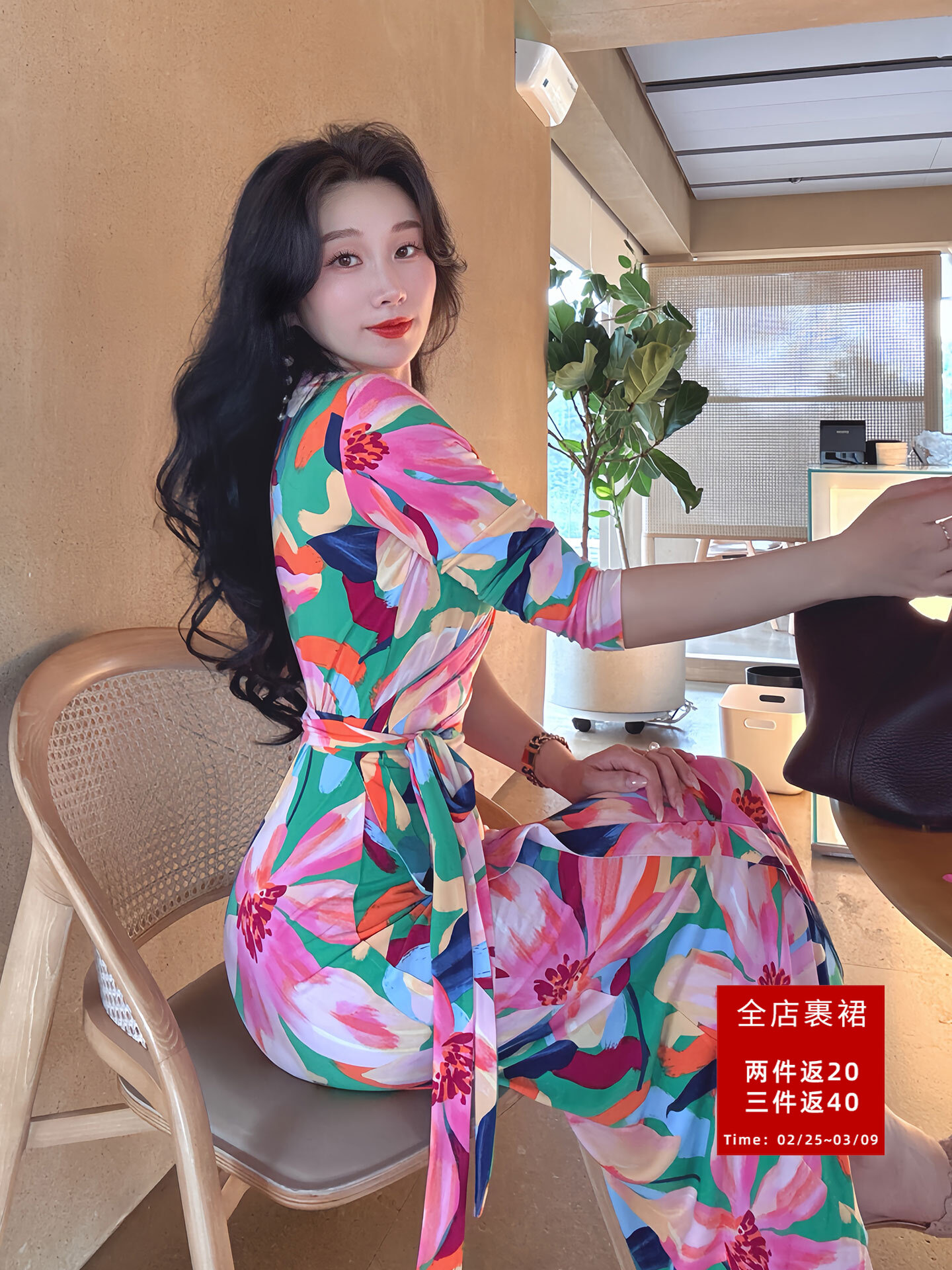 얼음 녹색 파스텔 레트로 프린트 레이스업 포장 치마 봄 여름 슬림해 보이는 고급 센스 품격 여성 드레스