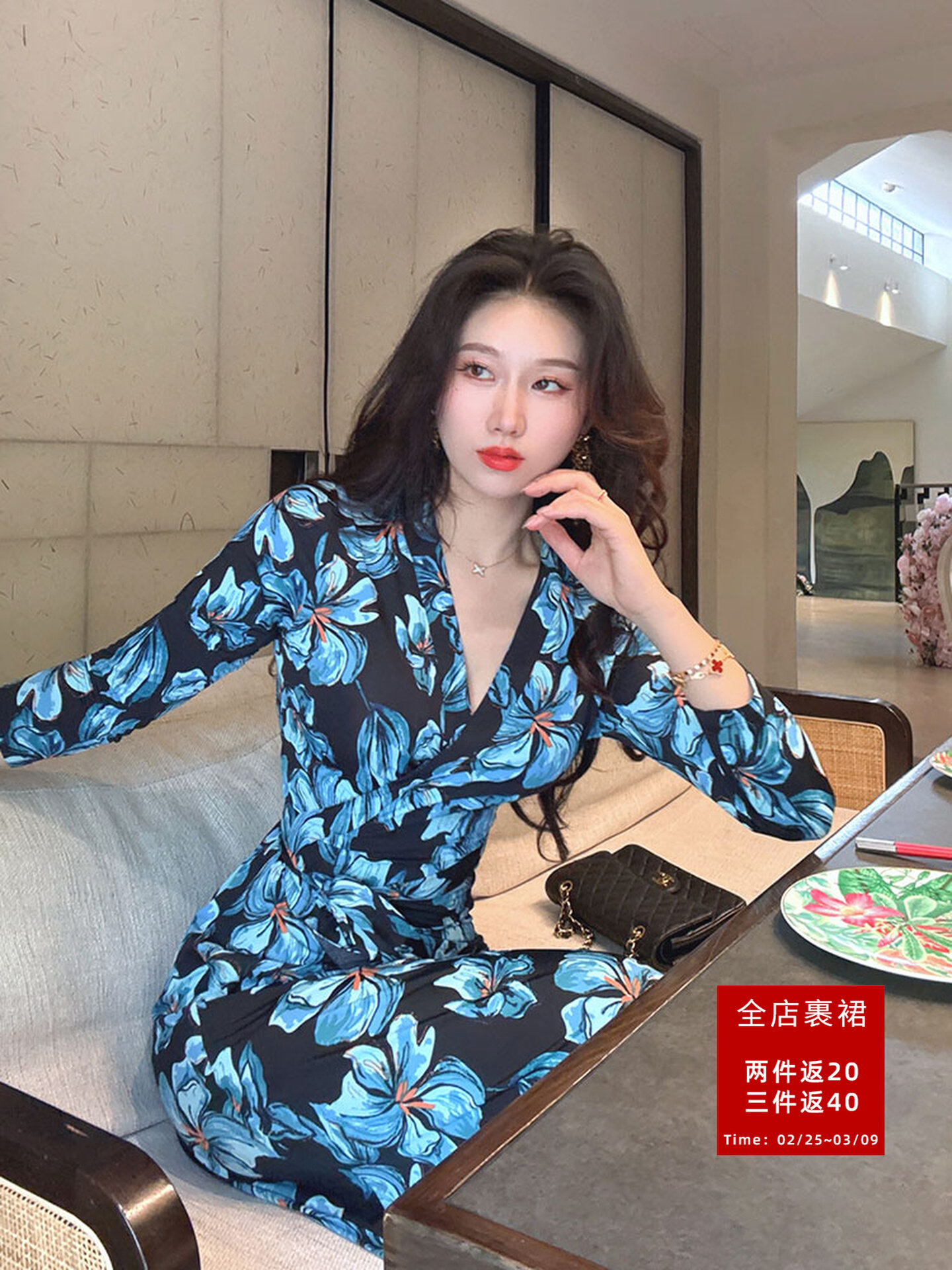 조용한 블루 속삭임 봄 여름 포장 치마 프랑스식 수묵화 꽃 허리 수축 몸매 가꾸기 슬림해 보이는 드레스 아이들