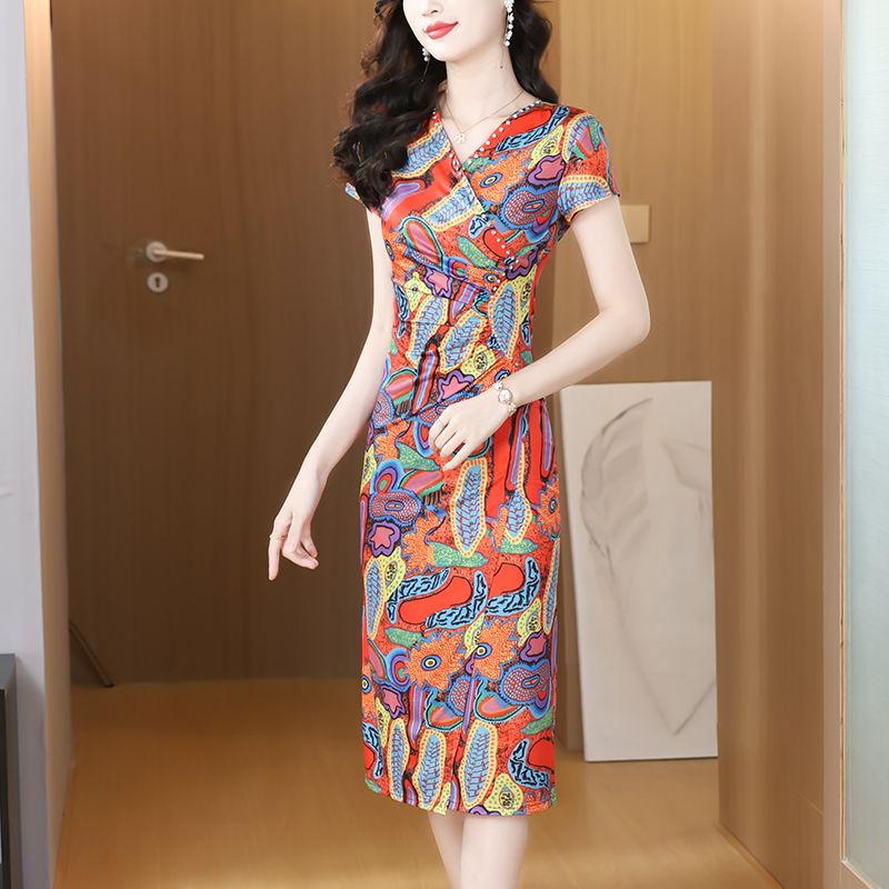 RY1404# 时尚春夏洋气复古花色显瘦高级连衣裙大码女显瘦女