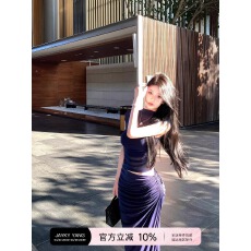 批发雕塑女神藏青色网纱正肩<b class='q'>背心</b>扭结开叉半身裙两件套