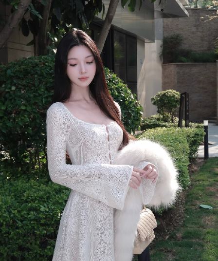 달빛 레이스 치마 아름다움 기절 나팔 소매 부드러운 품격 허리 수축 슬림해 보이는 긴팔 여성 드레스 여름