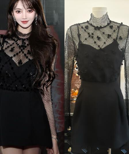 veramoon all black 데이트 새로운 높음 세트 순수한 블랙 그물 제직 홀로우 아웃 순수한 욕망 섹시함 세트