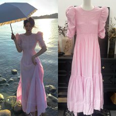 批发莫奈花园 度假旅游生日裙平纹天丝樱花粉露背日常礼<b class='q'>服</b>连衣裙