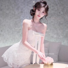 批发抹胸<b class='q'>连衣裙</b><b class='q'>女</b>千金名媛气质生日礼服重工蝴蝶结纯欲性感收腰蕾丝裙