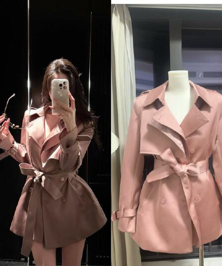 콩 페이스트 장미 높음 질감 새틴 빅 칼라 이중 버튼 레이스업 허리 수축 중간 길이 재킷 재킷