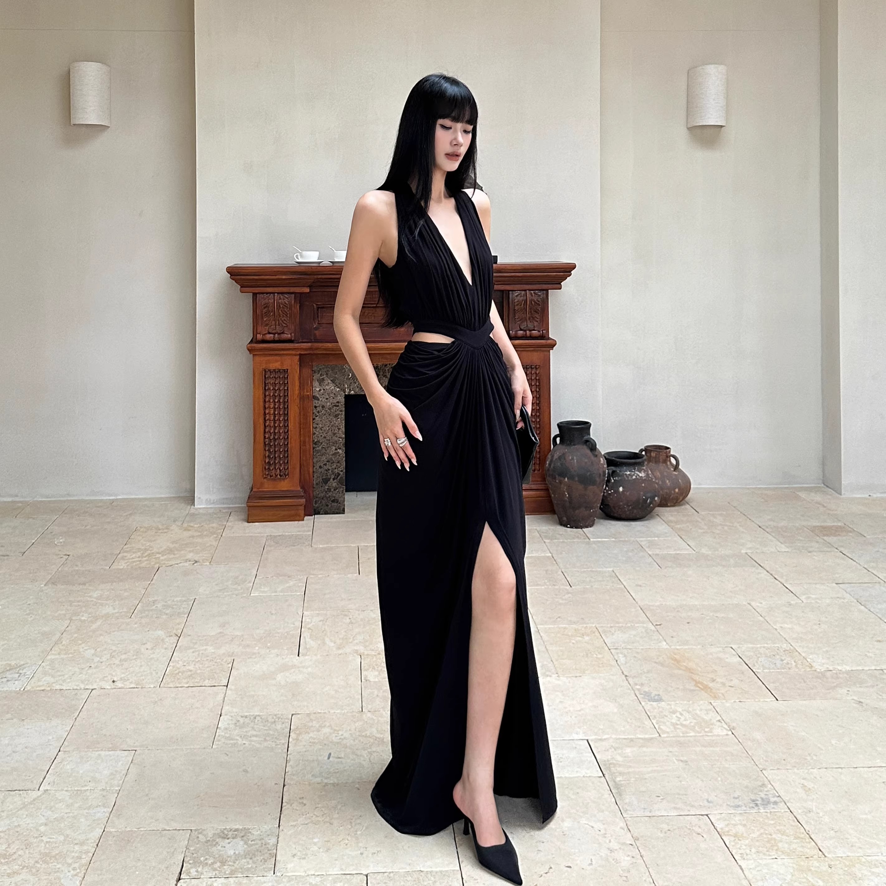 고급 센스 높음 트임 깊은 V 넥 행침 목 드레스 이슬 허리 백리스 타이트 스커트 인어 꼬리 스커트 품격 롱 스커트