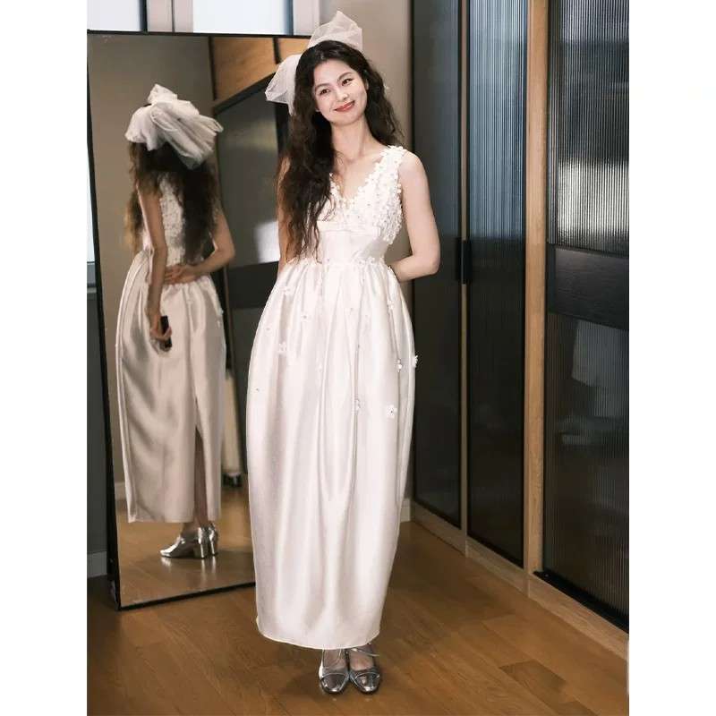 연회 참여 예복 여름 화이트 3 차원 꽃 꽃밭 치마 여성 드레스