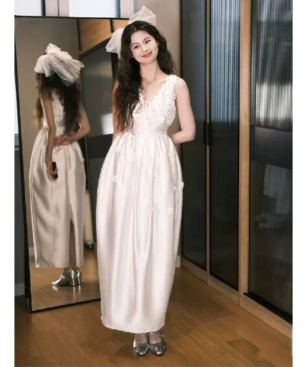 연회 참여 예복 여름 화이트 3 차원 꽃 꽃밭 치마 여성 드레스
