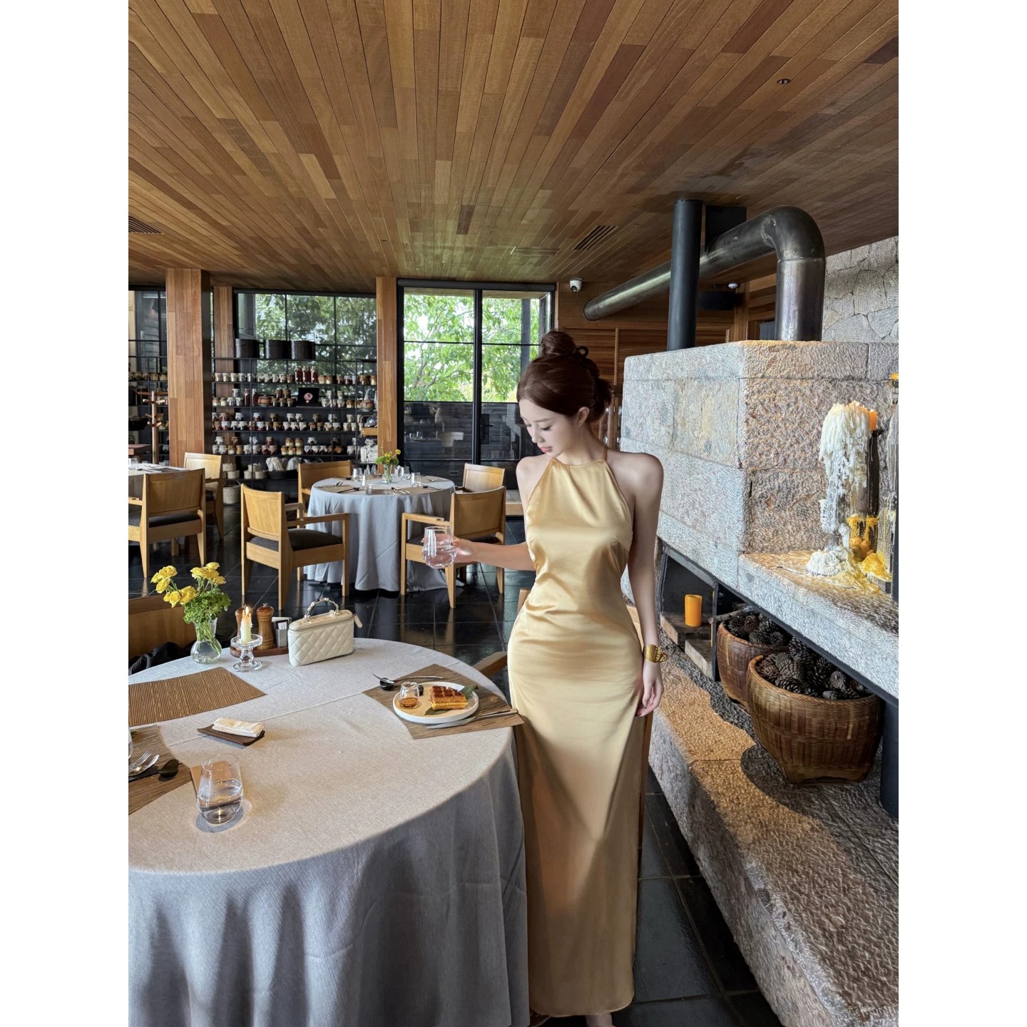 새틴 행침 목 점프 슈트 롱 스커트 여성 여름