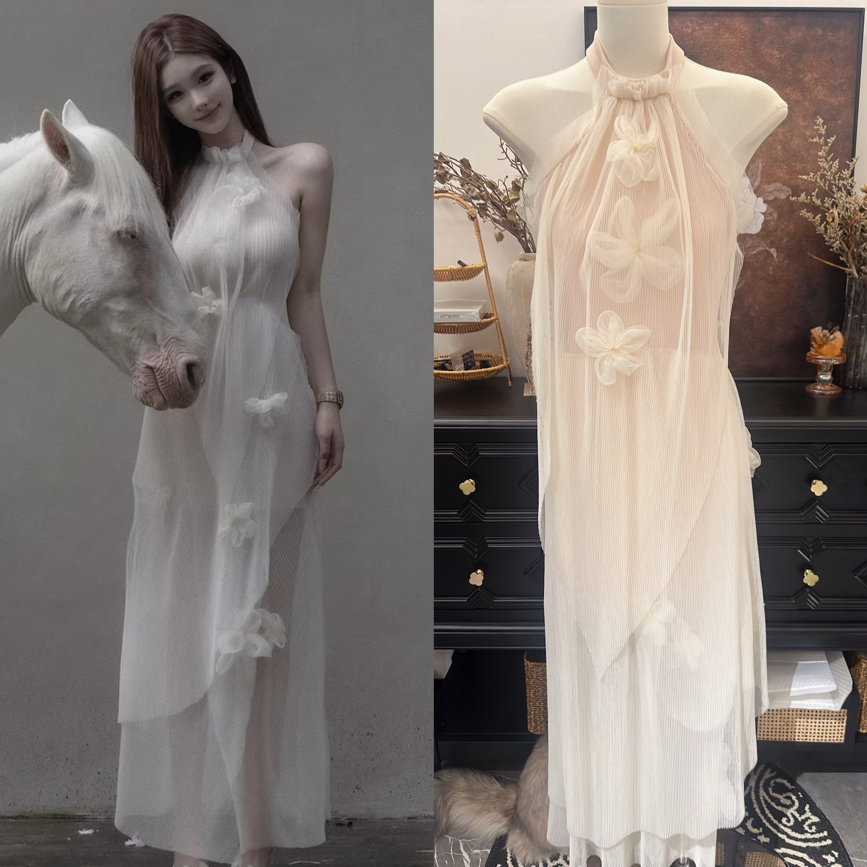 jmshop 숨겨진 세계 아름다움 수공 3 차원 핀치 Pleat 꽃 망사 행침 목 드레스 아름다운 아름다운 작은 치마