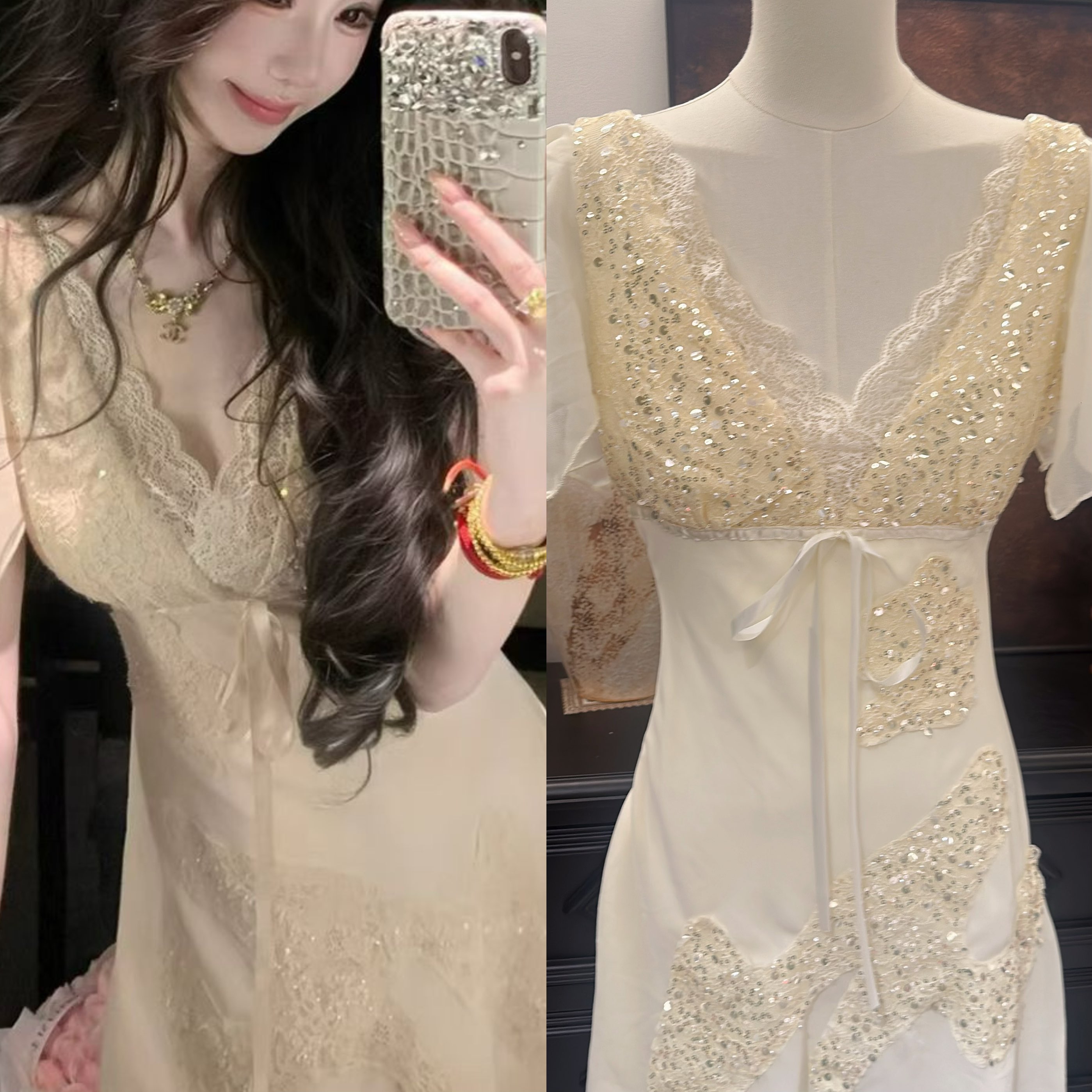 손 안 의 달콤한 아내 여름 새로운 순수한 욕망 레이스 쉬폰 허리 수축 쇼트 스타일 작은 날다 소매 드레스