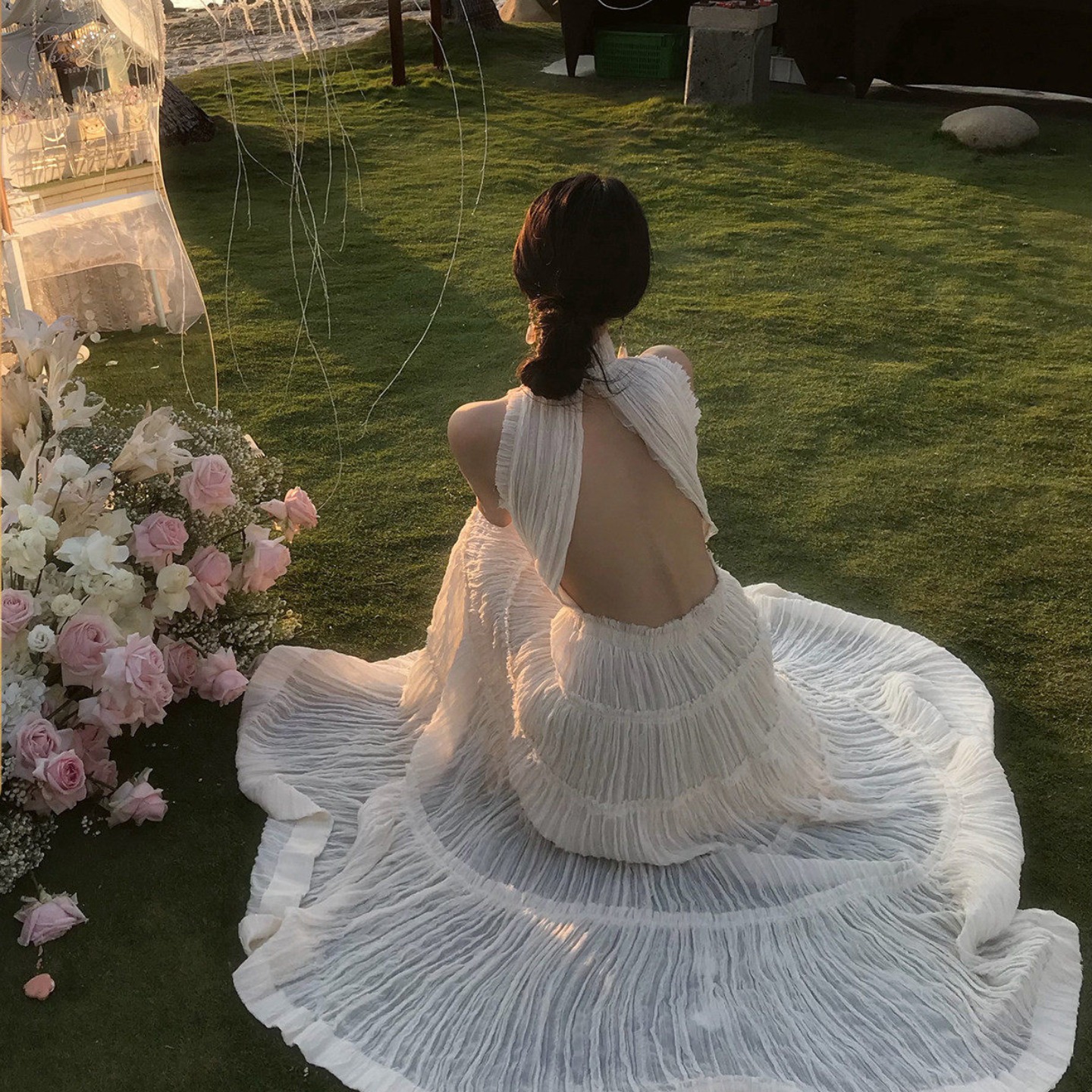 작은 대중 고급 센스 행침 목 대 백리스 망사 쉬폰 드레스