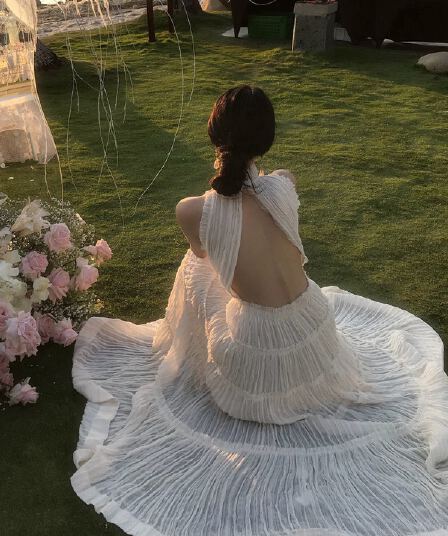 작은 대중 고급 센스 행침 목 대 백리스 망사 쉬폰 드레스
